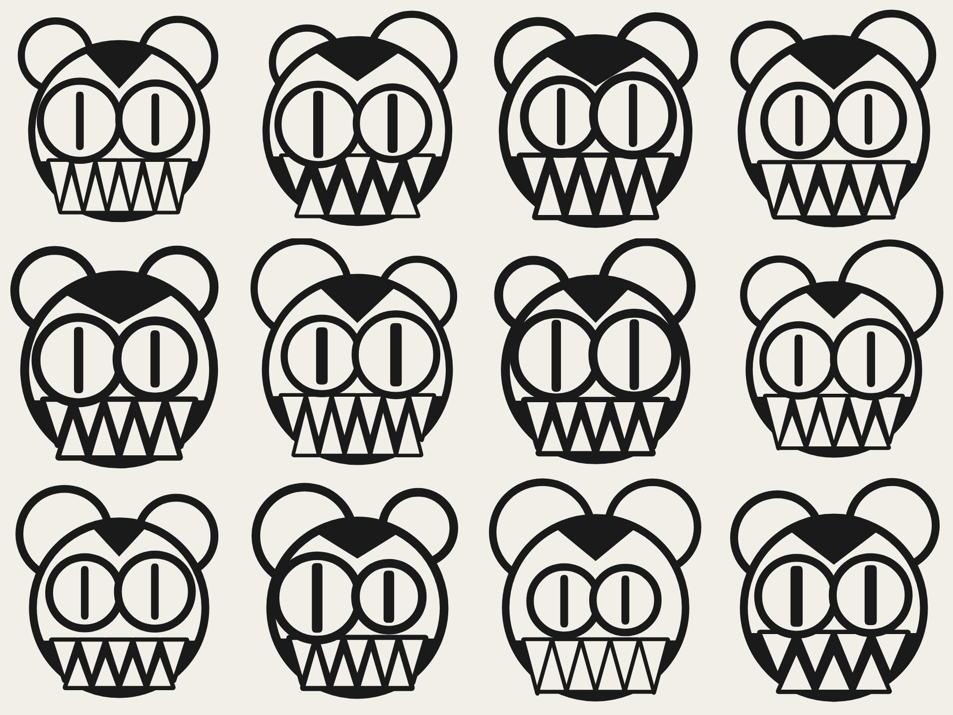 A specimen sheet of twelve clean geometric bear heads, each a different seed: varying ears, eyes, and sawtooth grins, all unmistakably the same bear