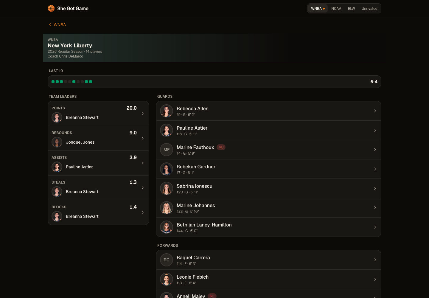 New York Liberty team page on desktop: team leaders led by Breanna Stewart, and the full guard roster with headshots, including Sabrina Ionescu
