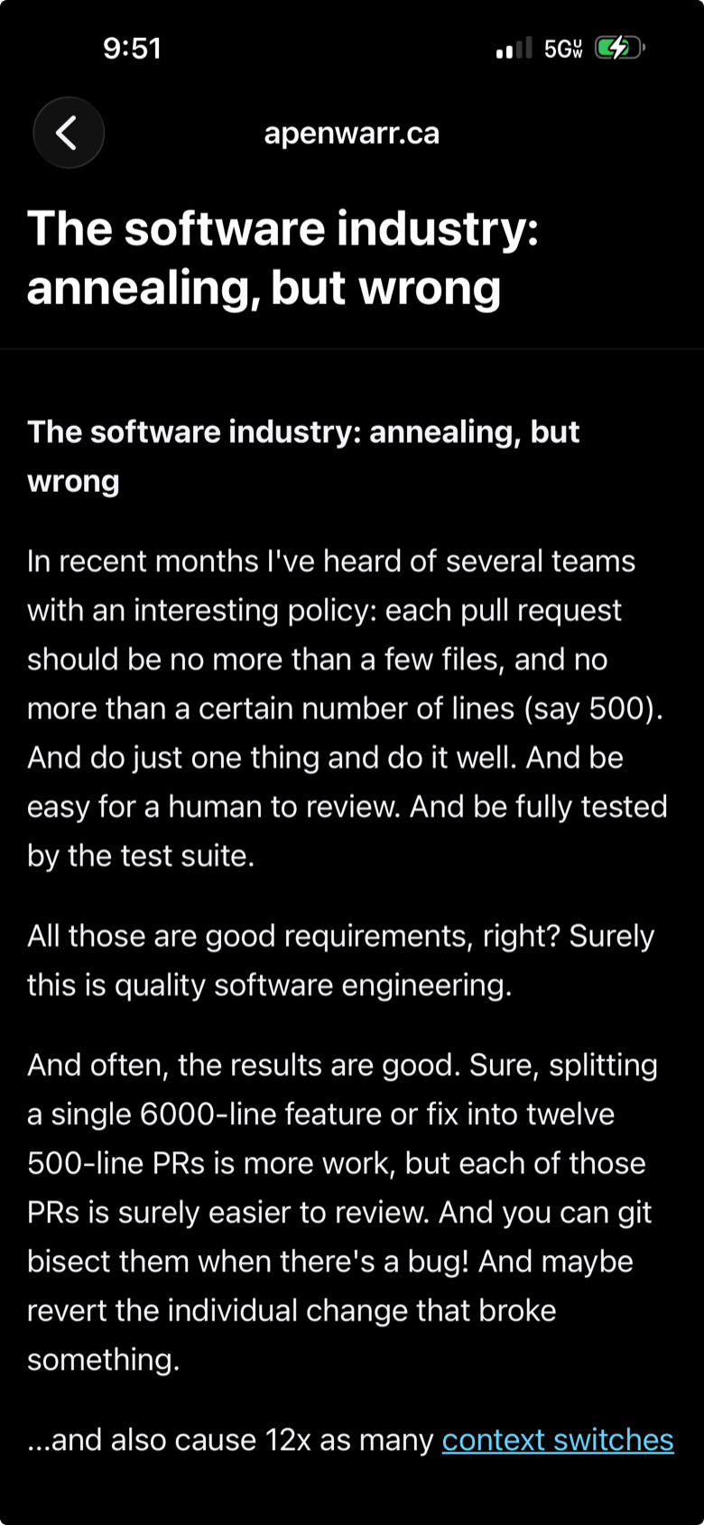 The same apenwarr.ca article in the stash iOS app: a native dark-mode reader with the site name in the navigation bar