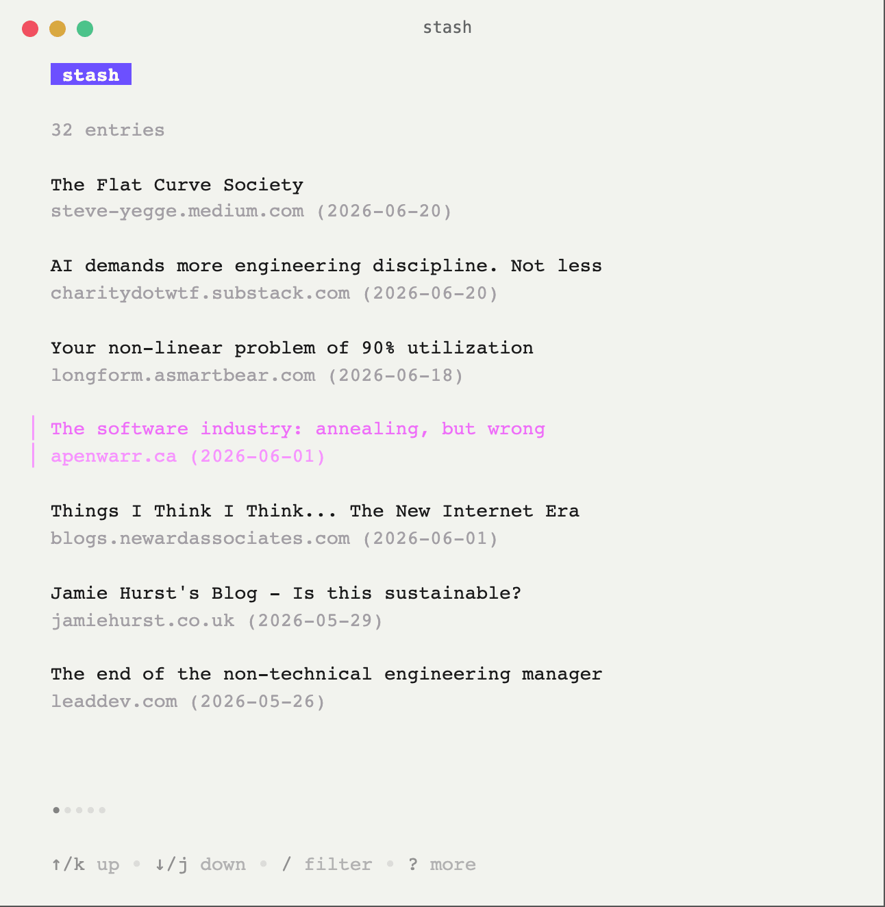 The stash TUI list: 32 saved entries with titles, domains, and dates; the apenwarr.ca article is selected