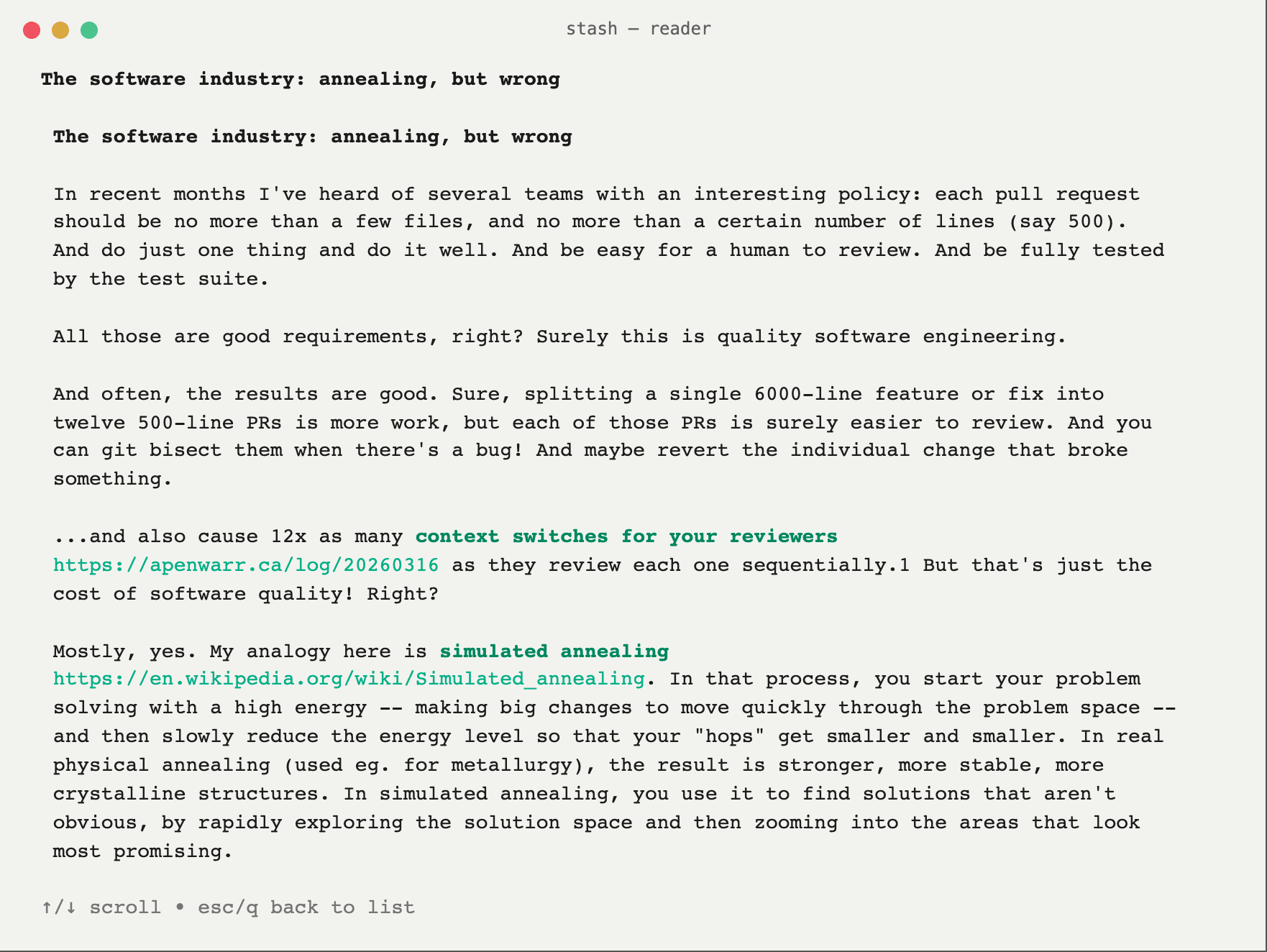 The stash terminal reader rendering the article 'The software industry: annealing, but wrong' from apenwarr.ca as styled markdown on cream paper, links in green