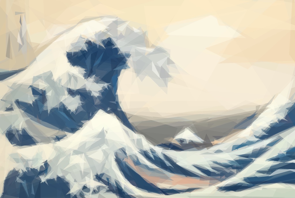 Hokusai's Great Wave off Kanagawa reconstructed by tessera from 600 translucent triangles