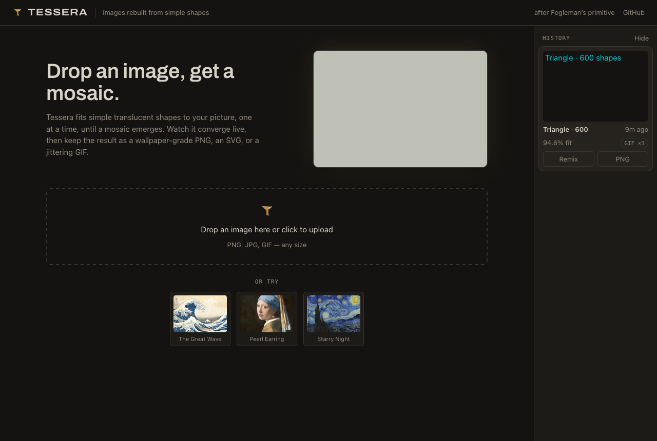 The tessera web UI: a drop zone, sample images including the Great Wave, and a history rail showing a finished 600-triangle run at 94.6% fit